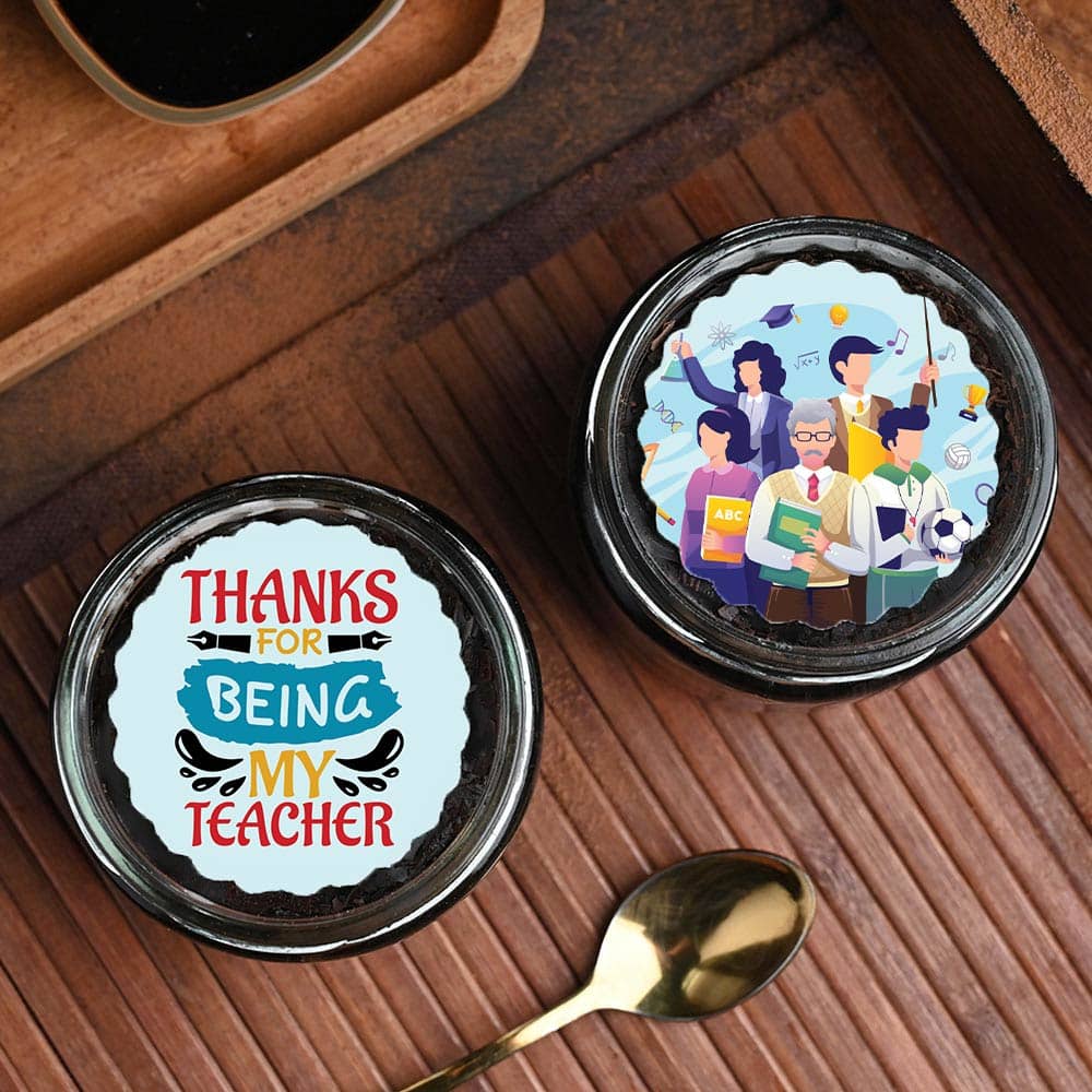 Upper View of Delightful Teachers Day Chocolate Photo Jar Cake Duo