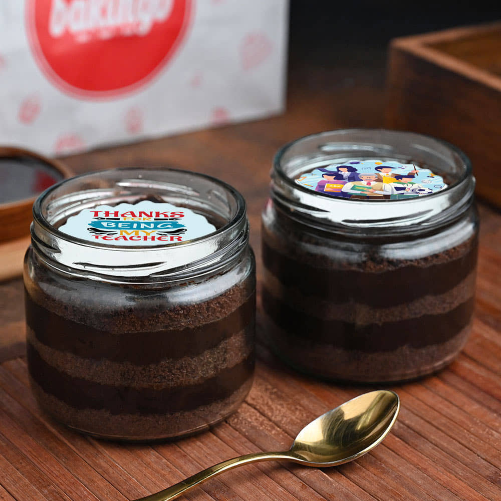 Side View of Delightful Teachers Day Chocolate Photo Jar Cake Duo