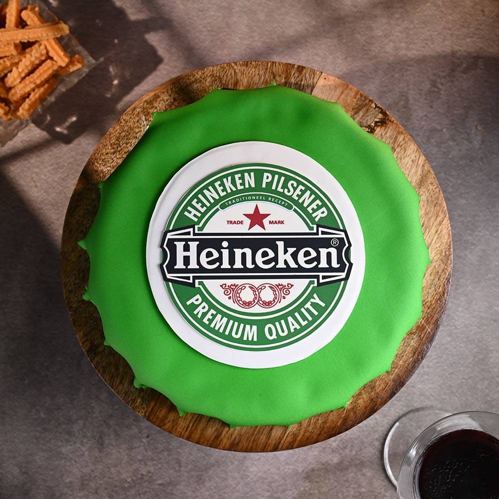 Top View of Heineken Beer Theme Cake