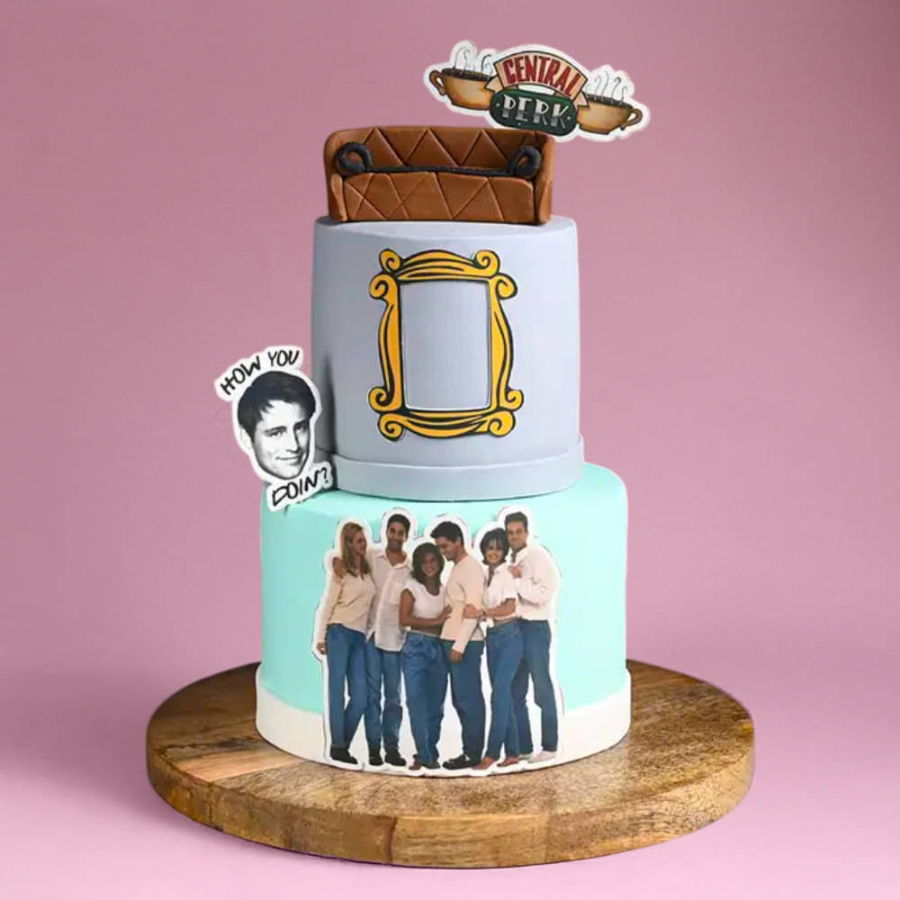 Side View of Two Tier F.R.I.E.N.D.S Themed Multi Flavoured Cake