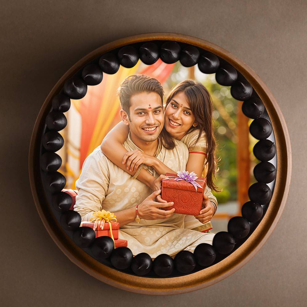Two Designer Rakhis With Photo Cake