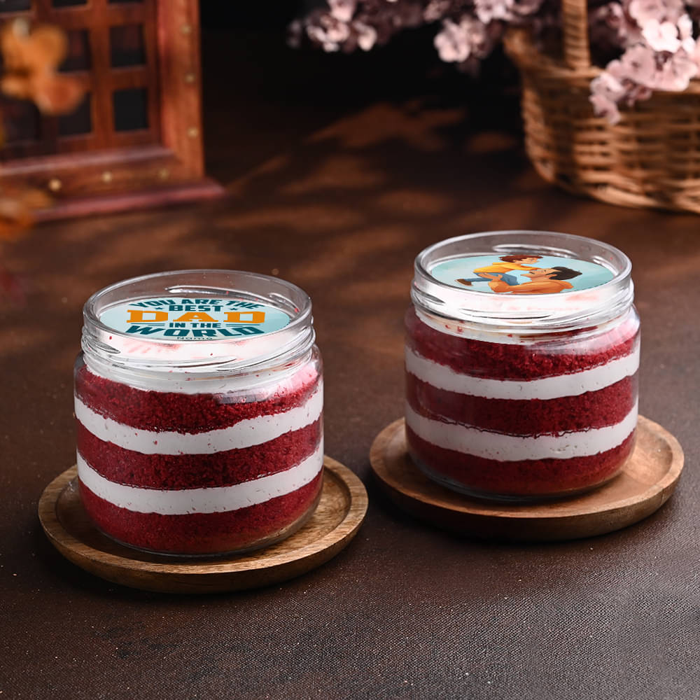 Two Personalised Red Velvet Jar Cakes For Dad