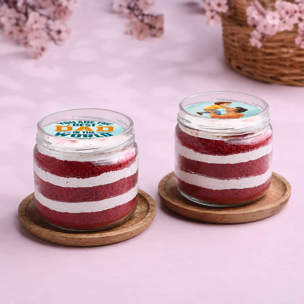 Two Personalised Red Velvet Jar Cakes For Dad