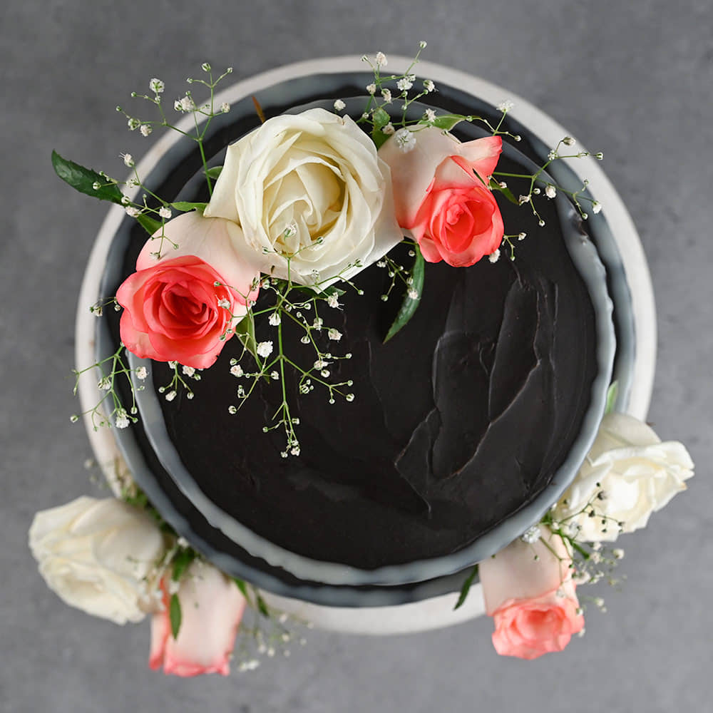 Two Tier Black Floral Cream Cake