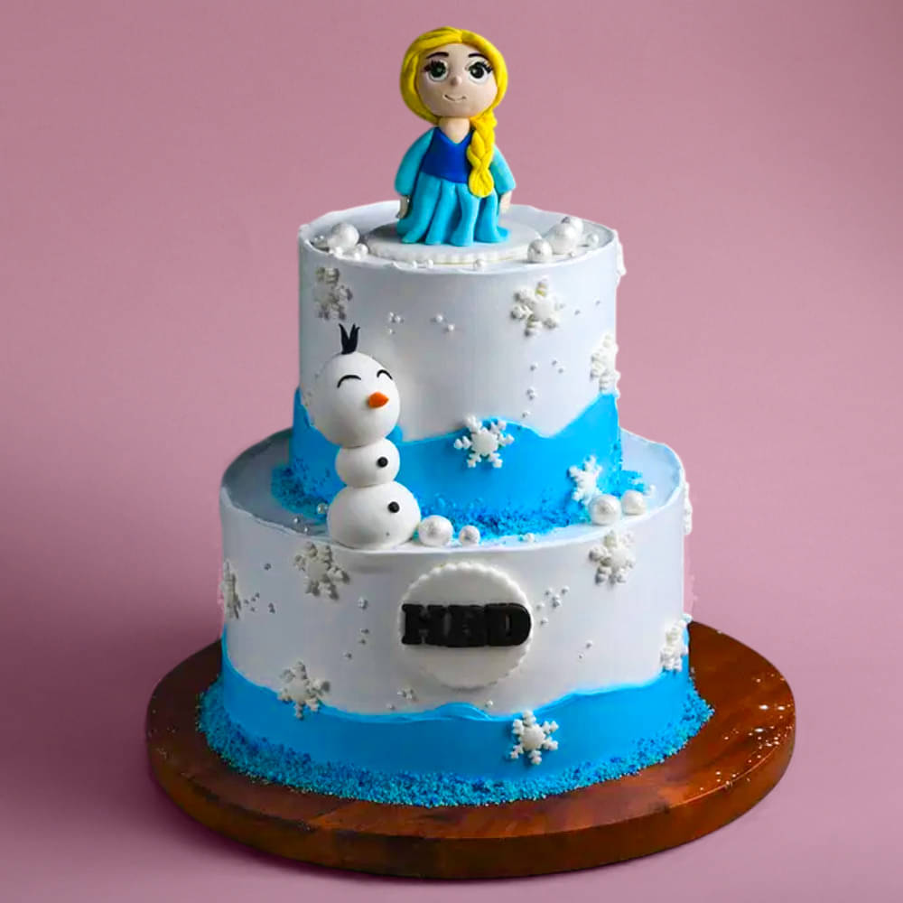 Side View of Two-Tier Frozen Theme Fondant Cake