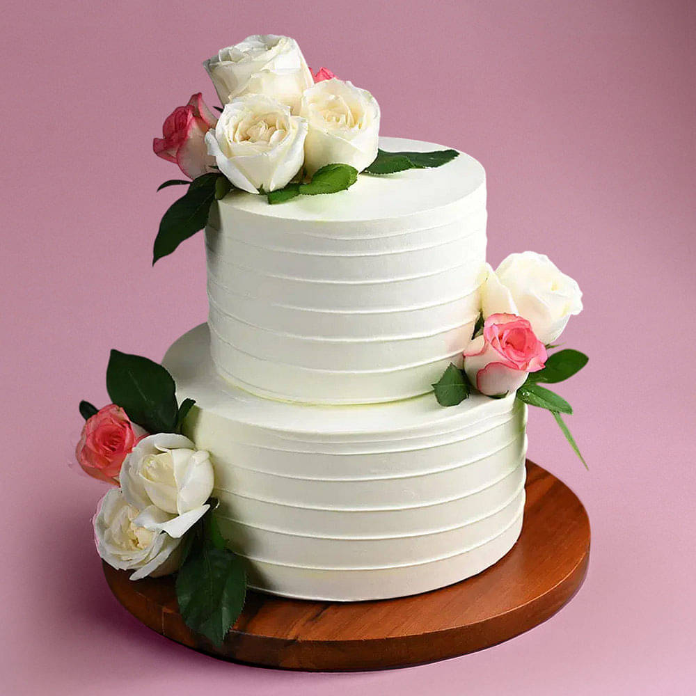 2 Tier White Floral Anniversary Cake