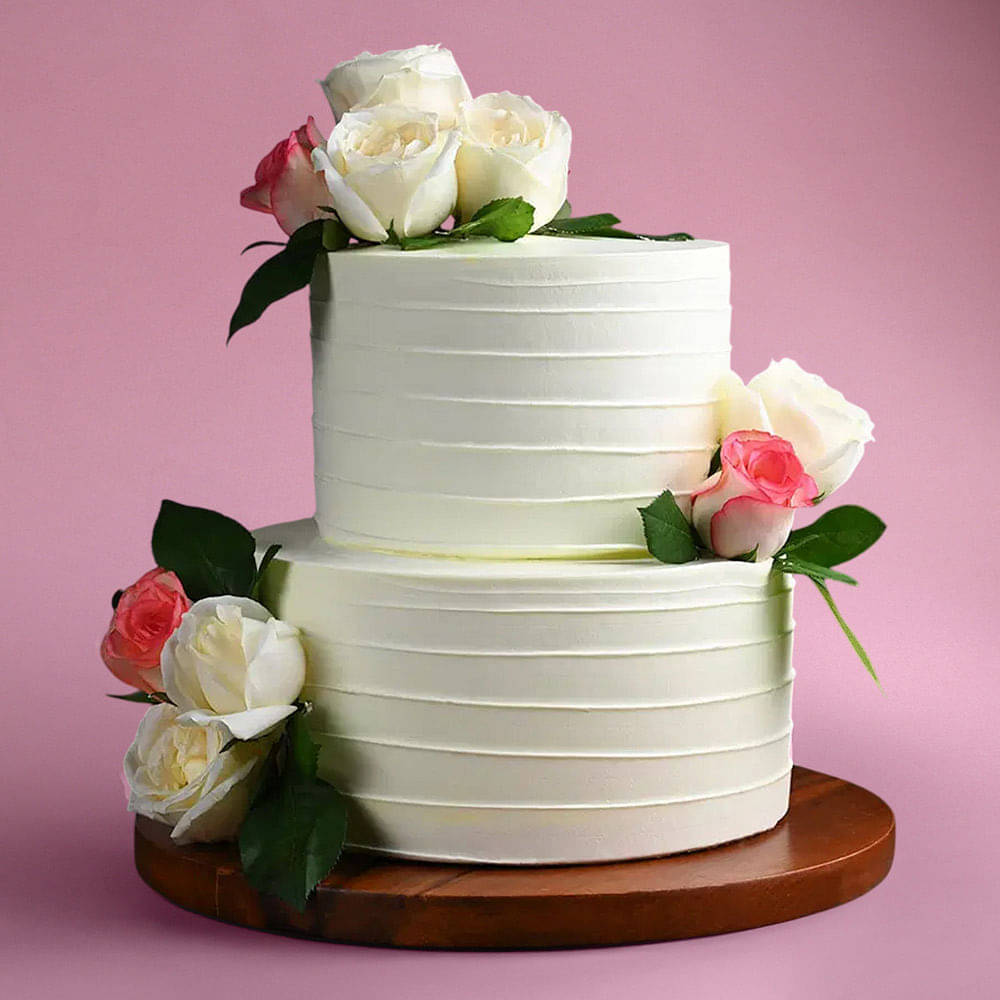 Side View of Two Tier White Floral Cake