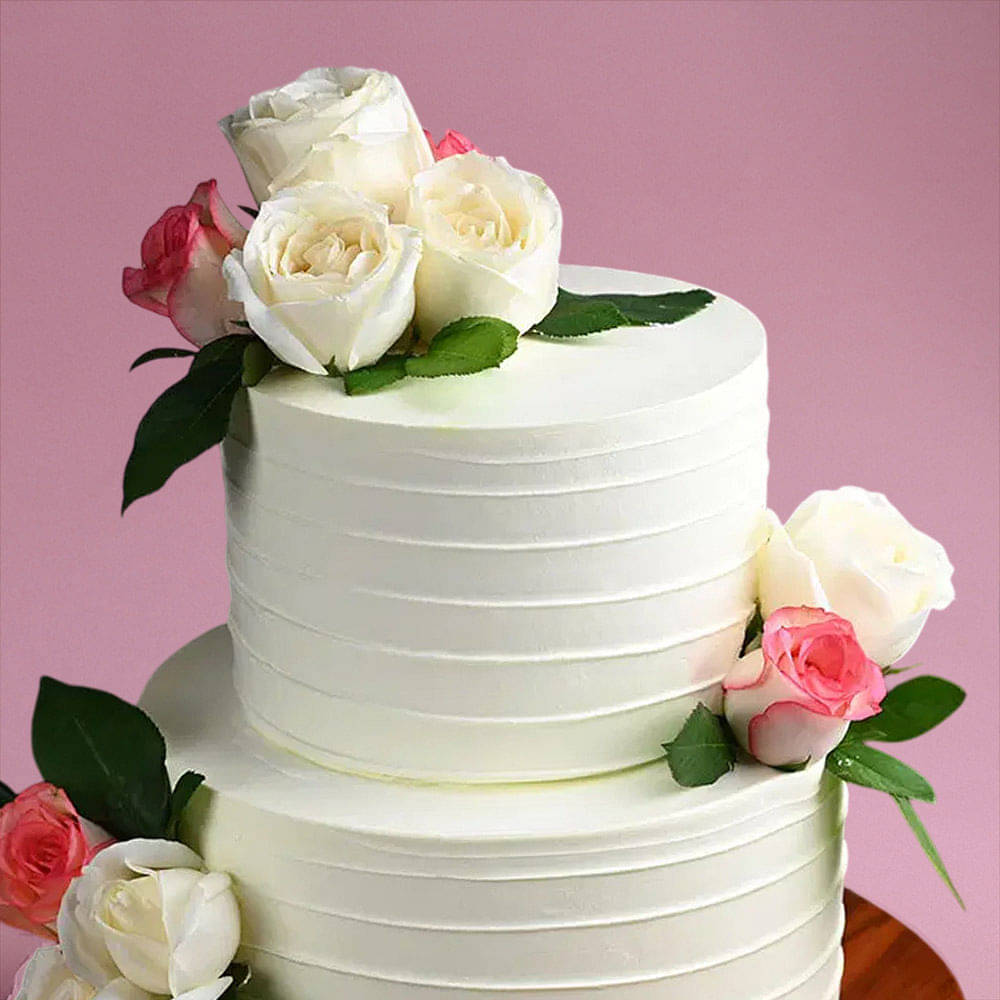 Zoomed View of Two Tier White Floral Cake