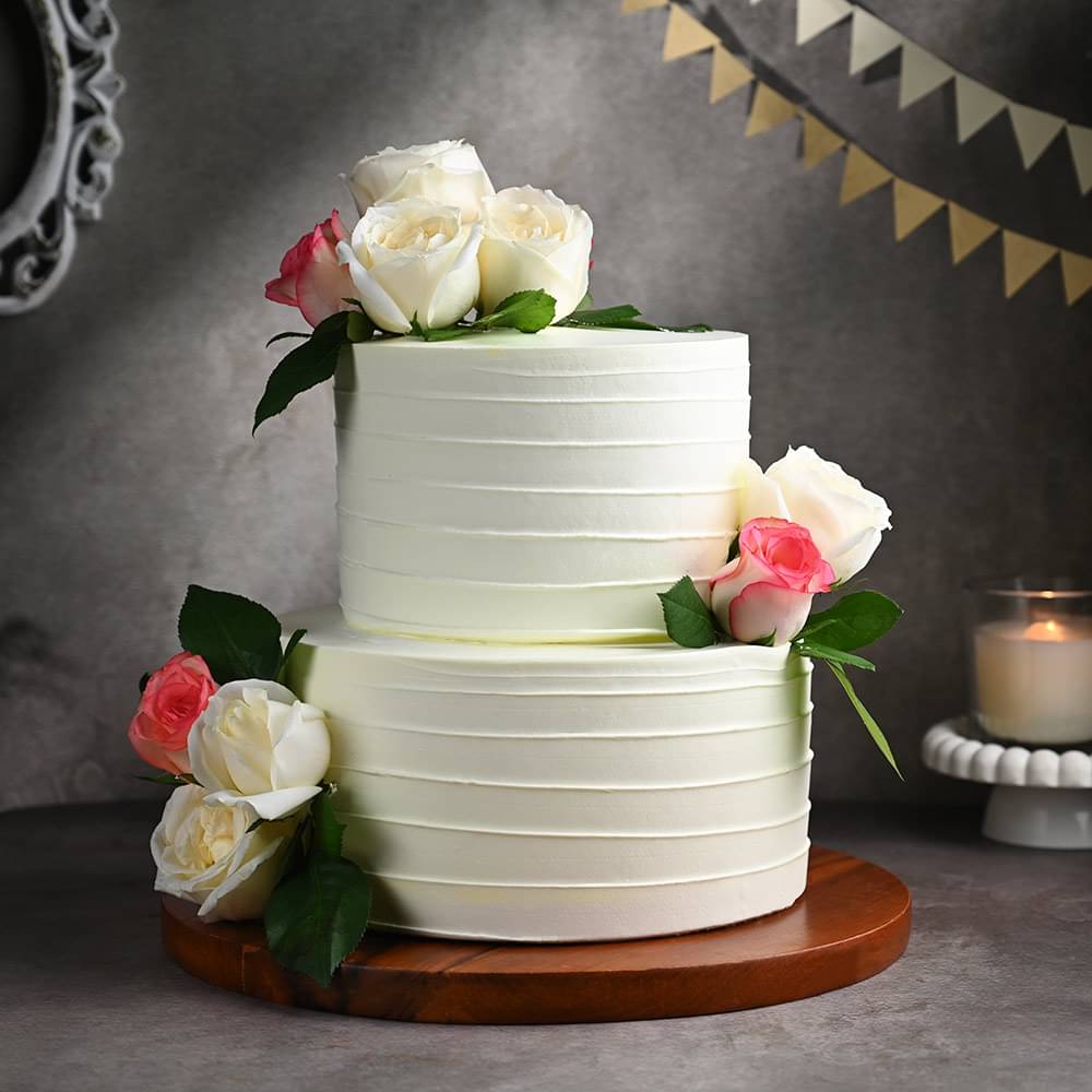 Side View of Two Tier White Floral Cake