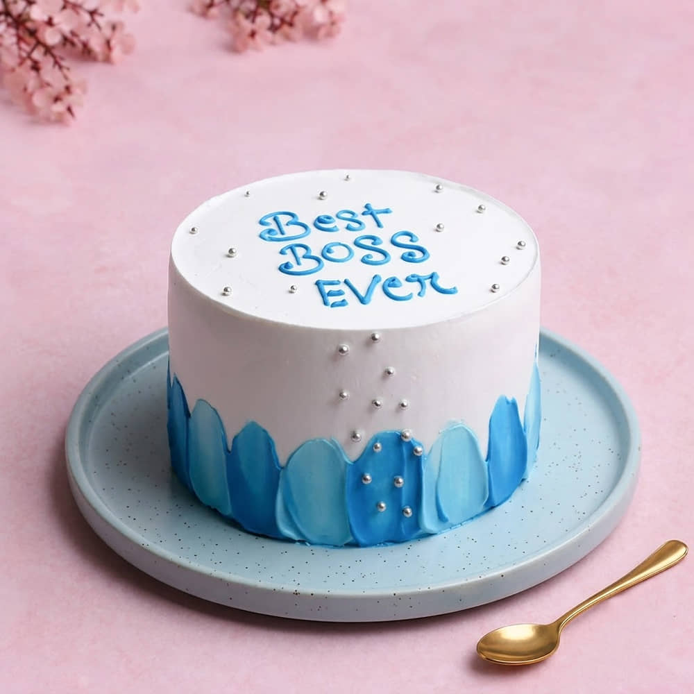 Side View of Vanilla Sprinkle Blue Boss Day Cake