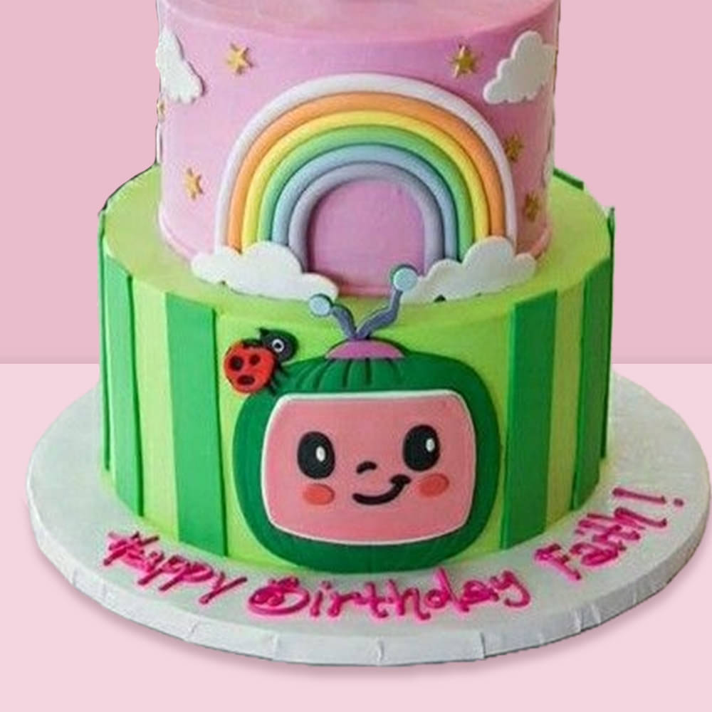 Side View of Vibrant Cocomelon Fondant Cake