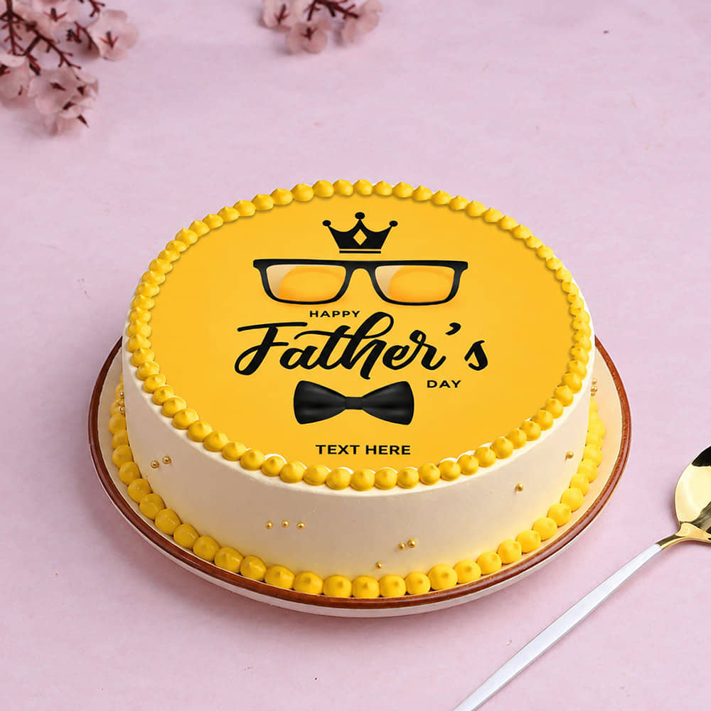 Happy Fathers Day Photo Cake Front View of Round Yellow Photo Cake For Fathers Day