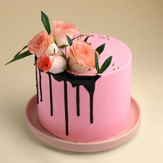 Front View of Pink Rose Cake with Romantic Rose Swirls