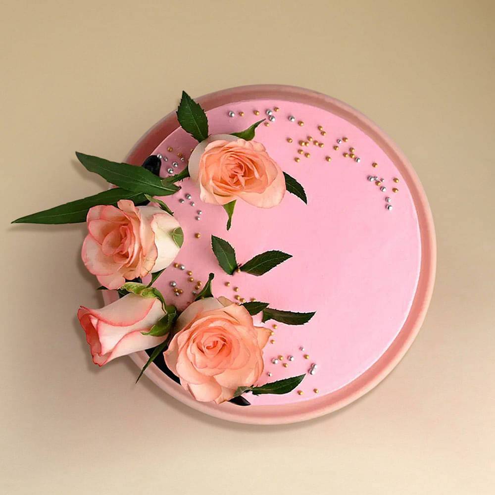Front View of Pink Rose Cake with Romantic Rose Swirls