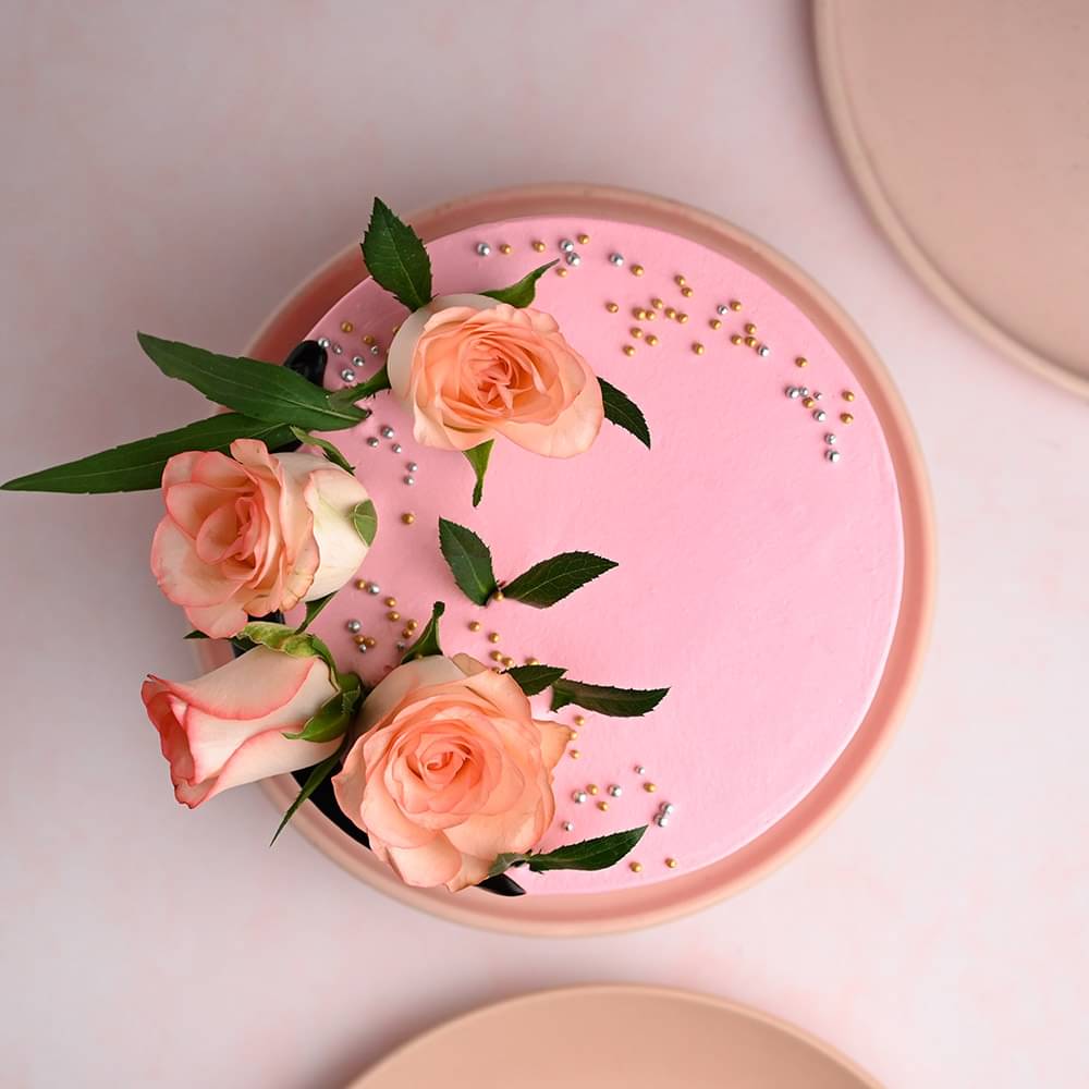 Front View of Pink Rose Cake with Romantic Rose Swirls