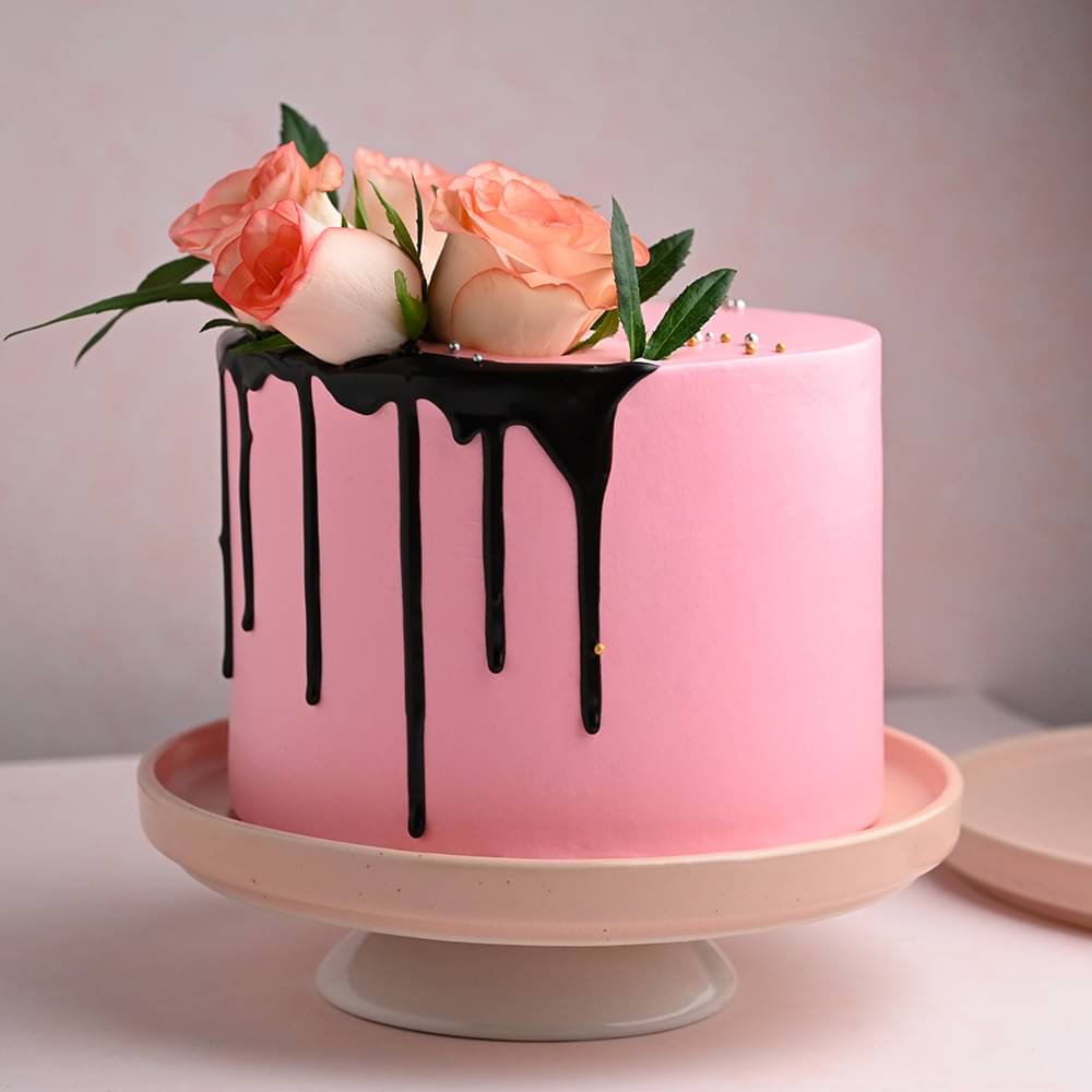  Side View of Pink Rose Cake with Romantic Rose Swirls