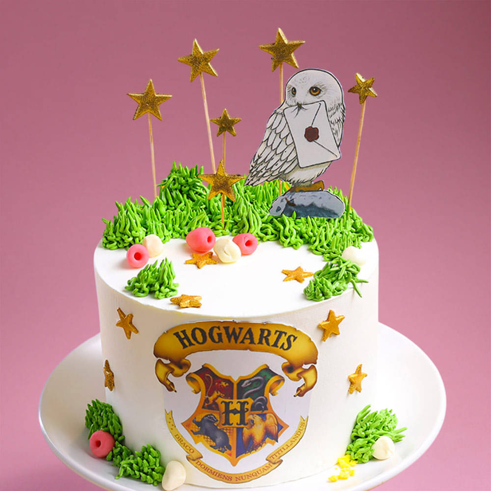 Harry Potter Cake with Hogwarts Emblem and Owl Topper