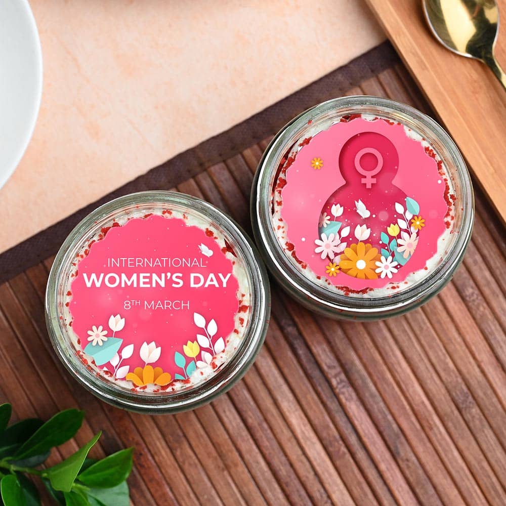 Top View Women's Day Combo Photo Jar Cake 