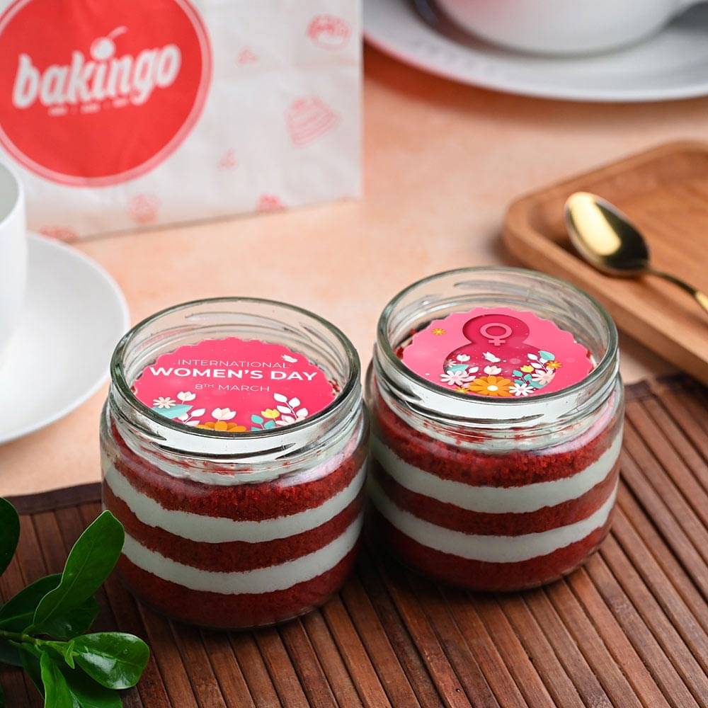 Front View Women's Day Combo Photo Jar Cake 